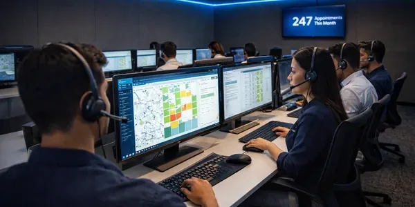 A call center floor being set up