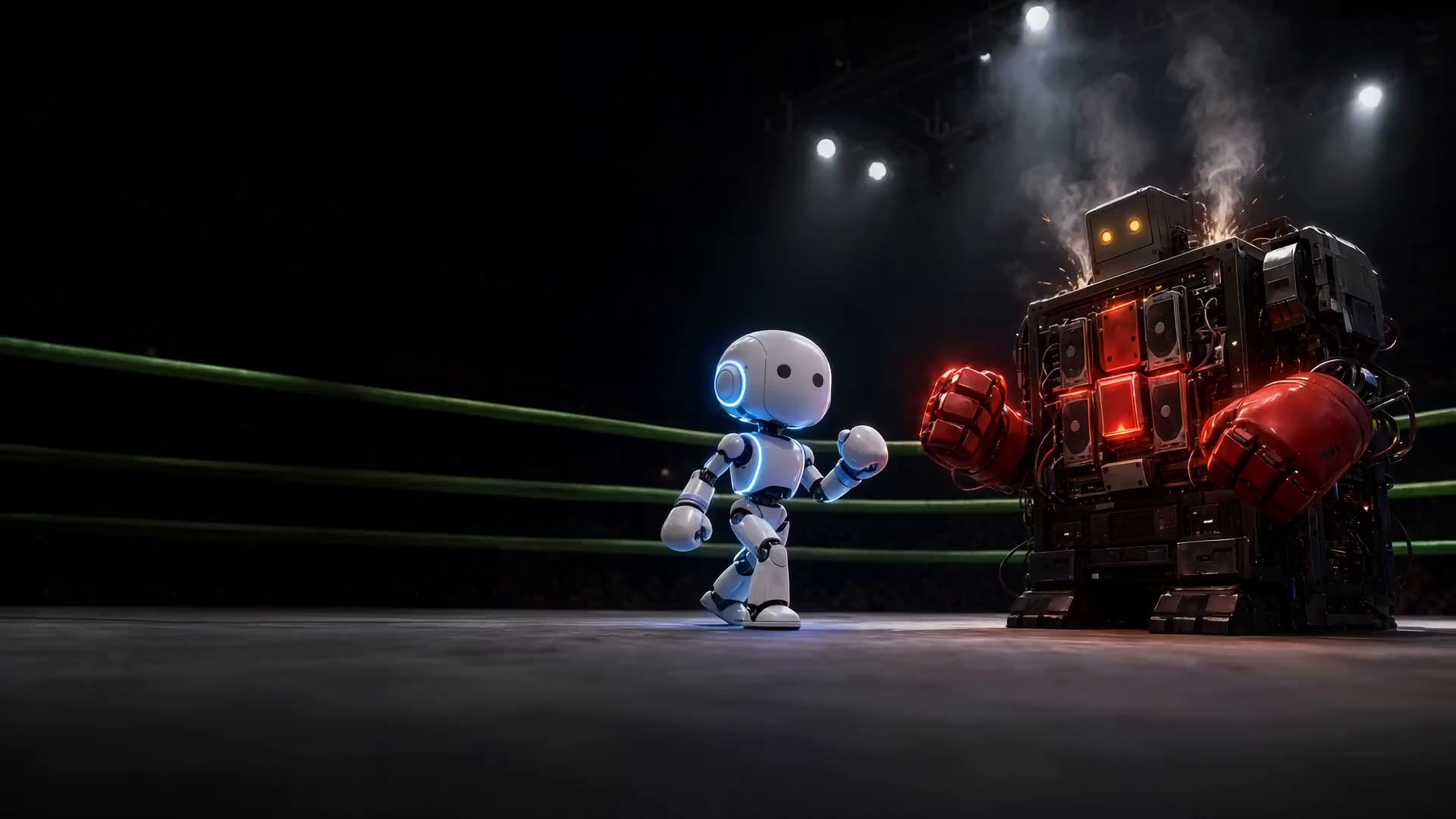 Cartoon: fight night in a neon boxing ring -- a huge clunky robot built from glowing graphics cards squares up to a small, sleek robot