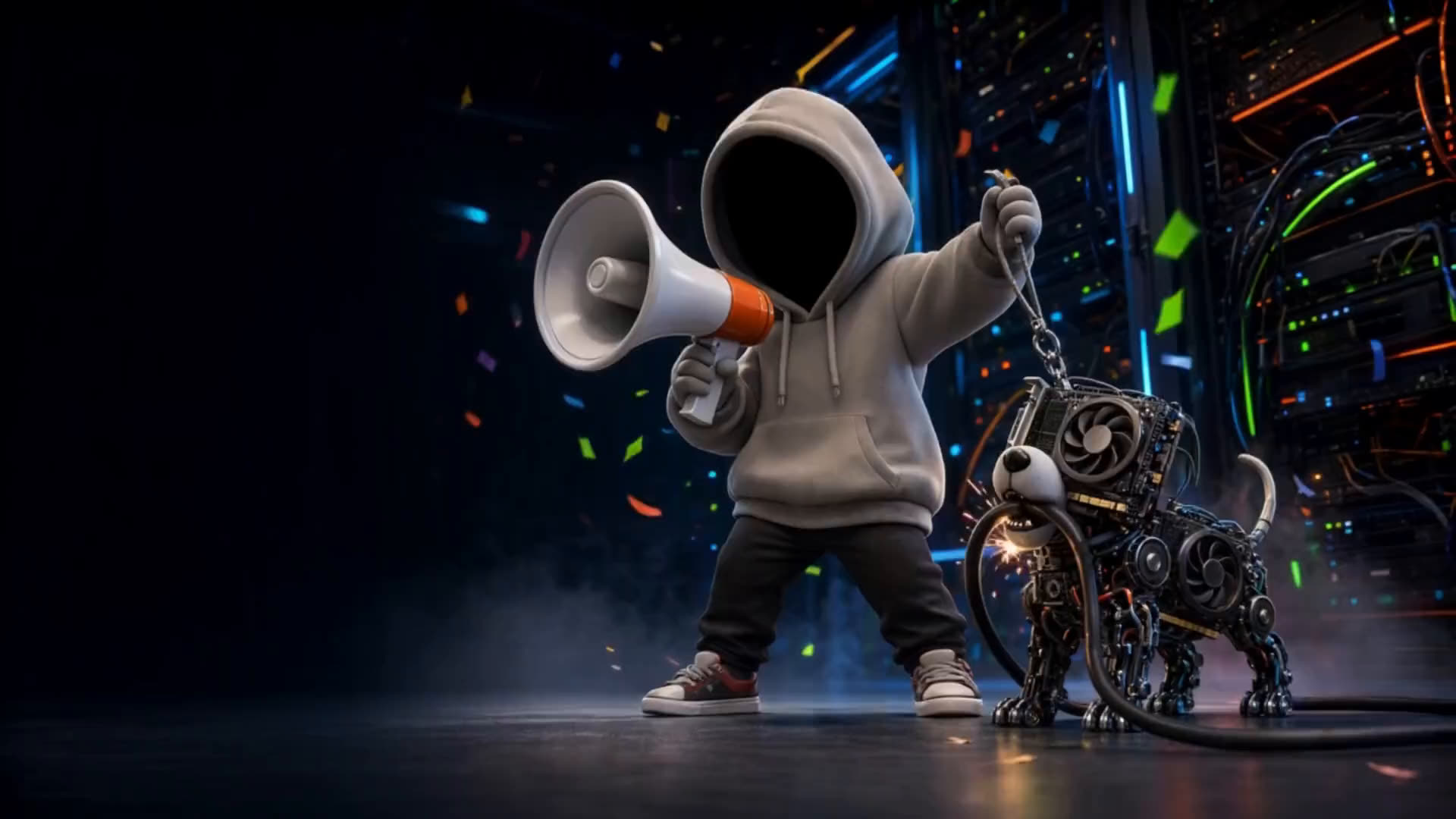 Cartoon: the faceless hype man in a hoodie proudly walks a robot puppy made of graphics cards that is chewing a power cord