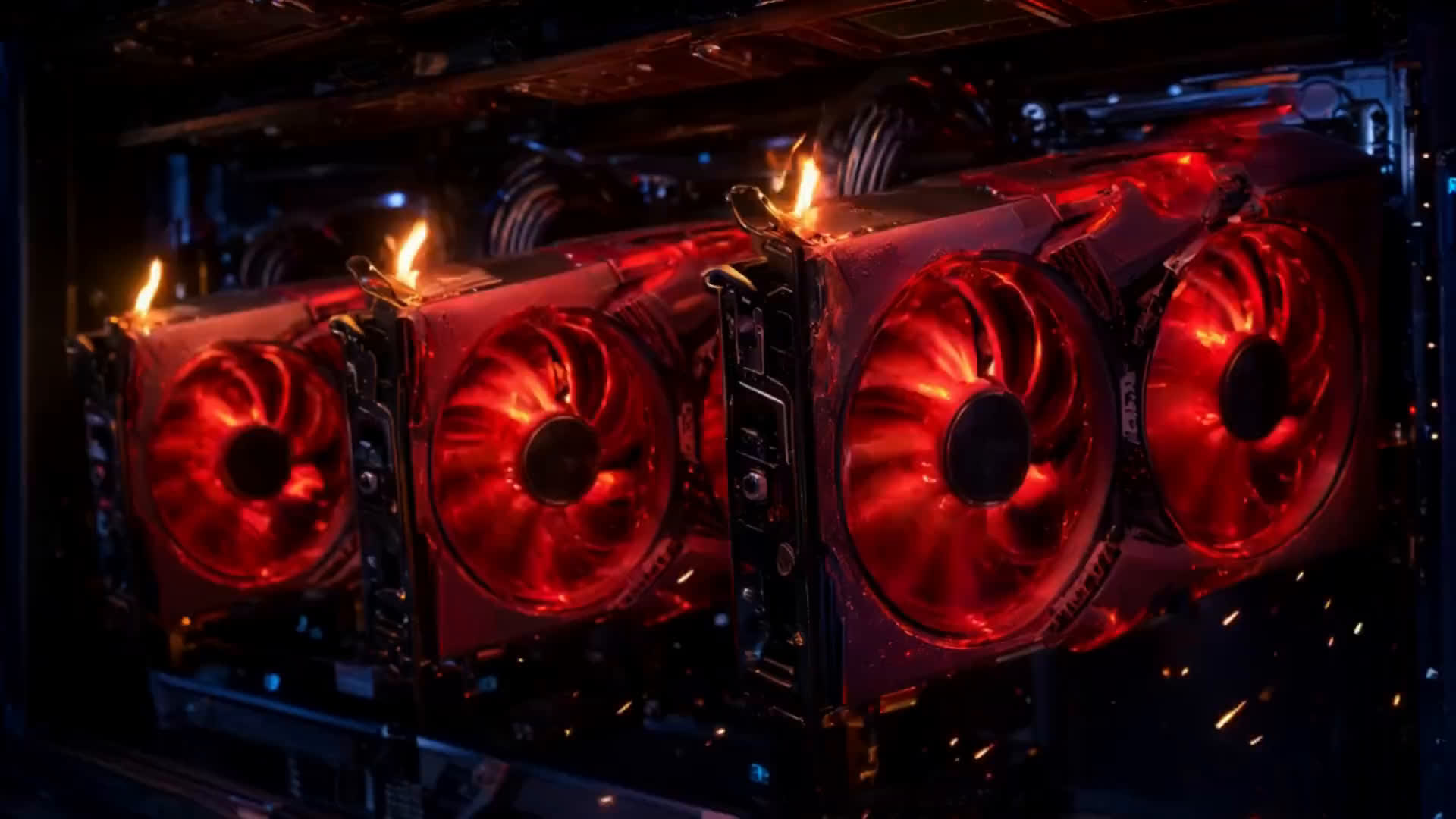 Four graphics cards glowing red-hot with small flames and sparks