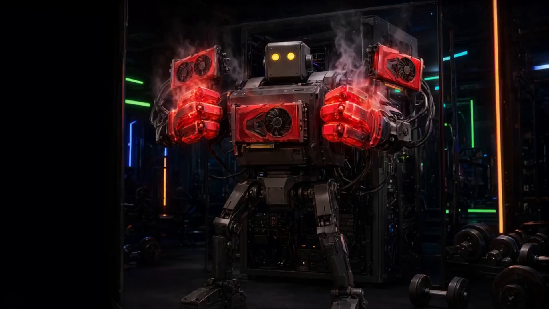 Cartoon: a bulky robot made of graphics cards flexing in front of a gym mirror, steam rising
