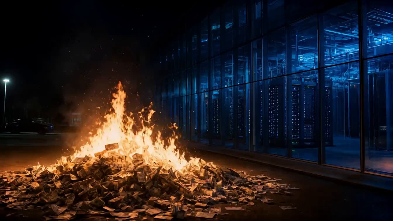 A bonfire of cash burning outside a data center at night