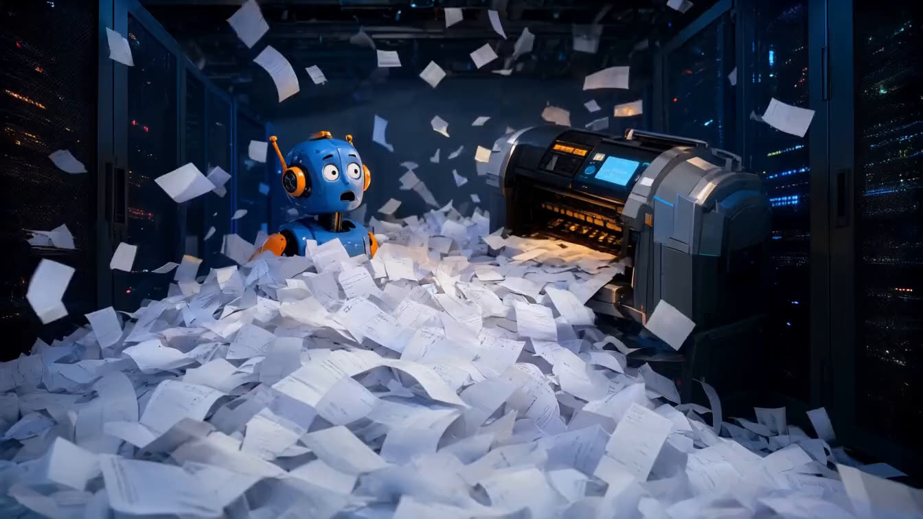 Cartoon: a shocked little robot buried by a printer spitting out an avalanche of blank receipts