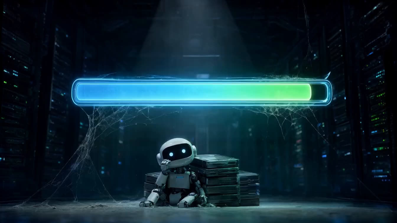 Cartoon: a bored little robot covered in cobwebs, waiting under a glowing progress bar that never finishes