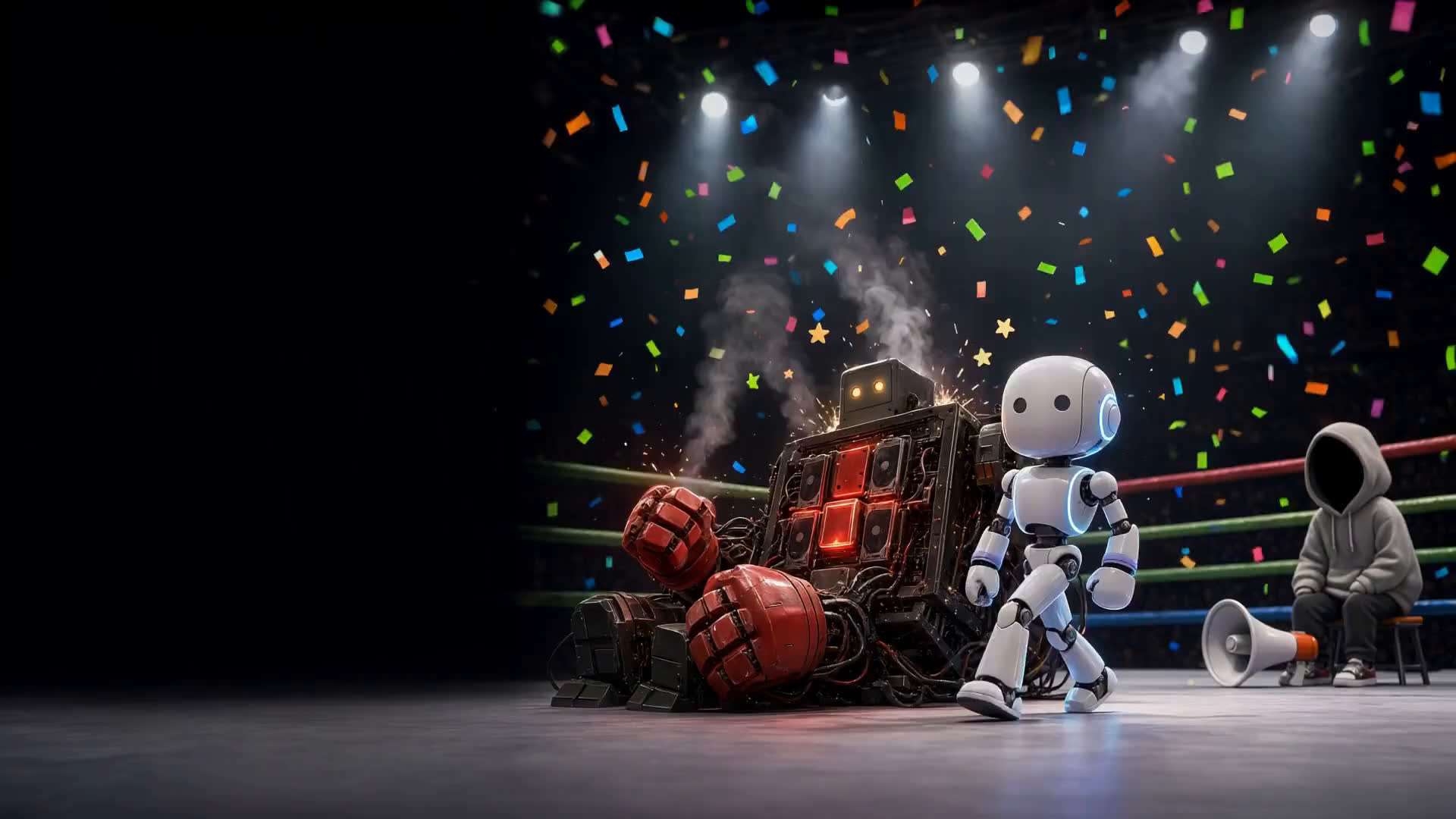 Cartoon: the big graphics-card robot knocked out flat in the ring with stars circling its head while the small sleek robot walks away