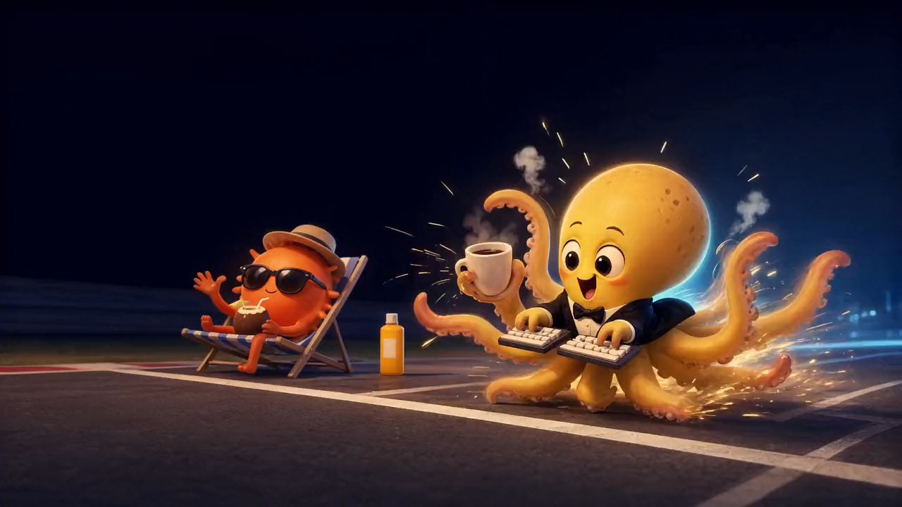 Cartoon: a golden octopus in a tailcoat whirls its arms and sparks fly as it races off the line while an orange sun lounges