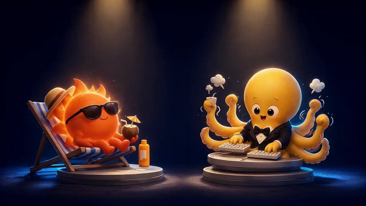 Cartoon: a golden octopus types and sips coffee on a weighing scale beside an orange sun lounging on the other scale