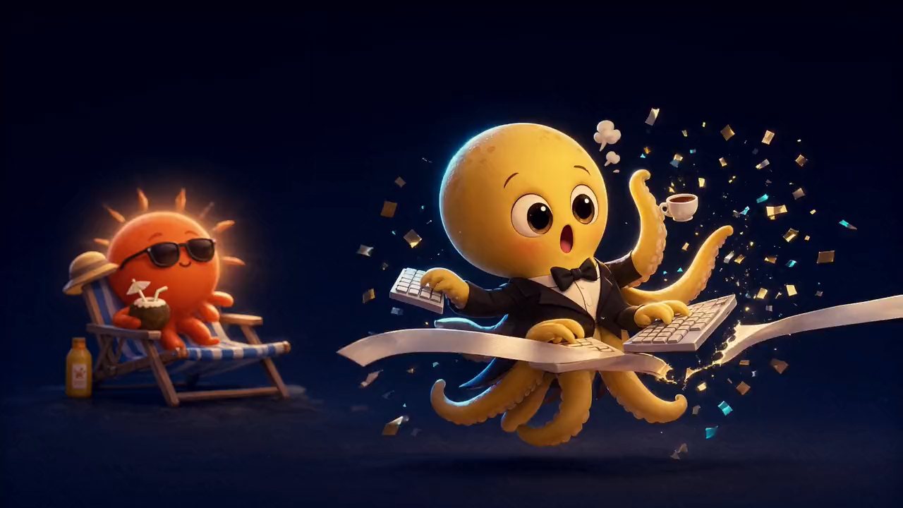Cartoon: a golden octopus snaps through a finish-line ribbon as confetti falls, while an orange sun lounges far behind