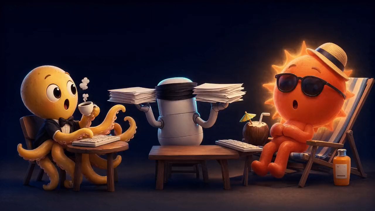 Cartoon: a blindfolded robot judge holds two equal stacks of paper level between a golden octopus and an orange sun