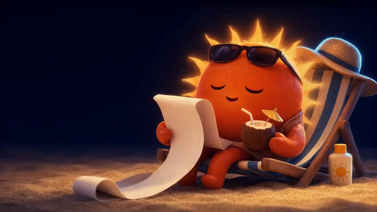 Cartoon: an orange sun reads down a long blank receipt in its beach chair, eyes widening