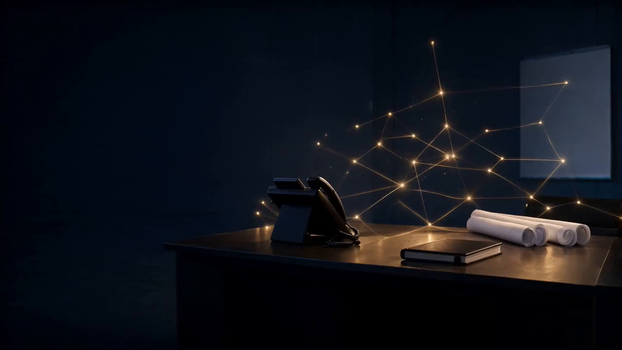 An office at night linked by threads of gold light