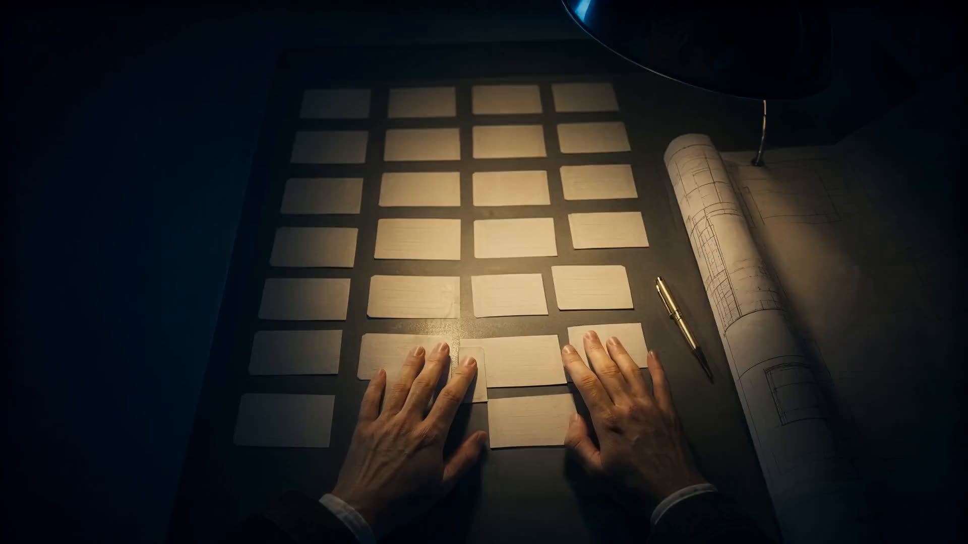 Hands laying out blank cards in rows on a table