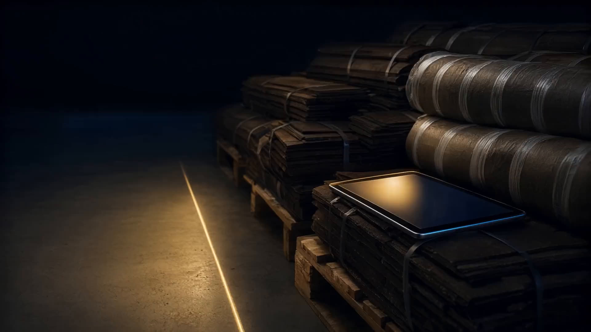 A warehouse aisle of roofing materials with a glowing tablet