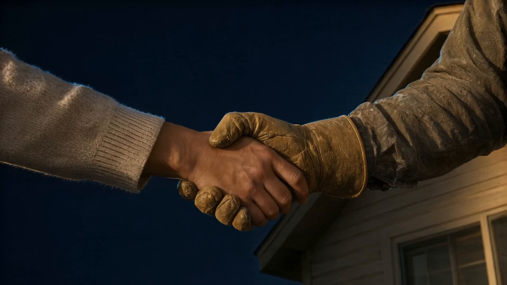 A roofer and a homeowner shaking hands on a porch