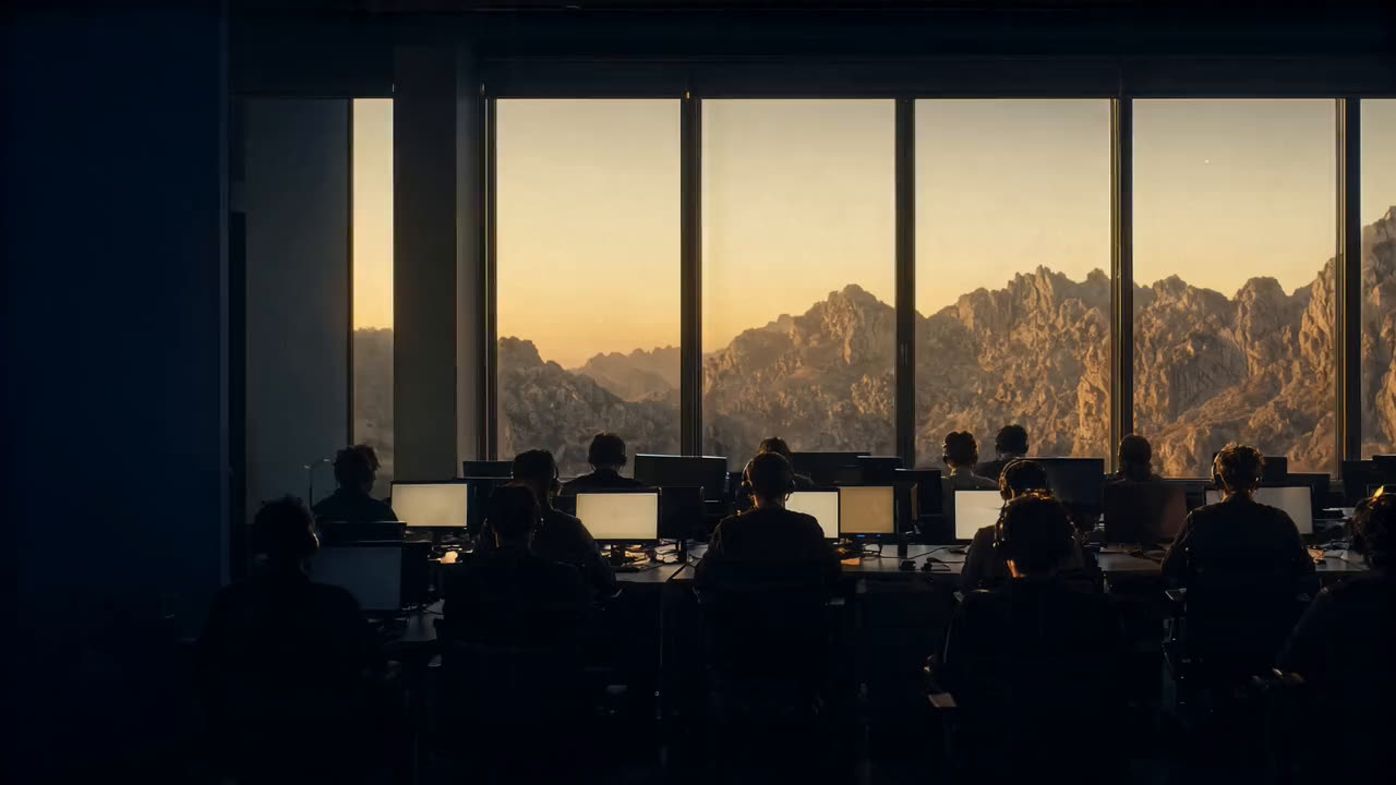 An office with mountains through the windows, team members seen from behind