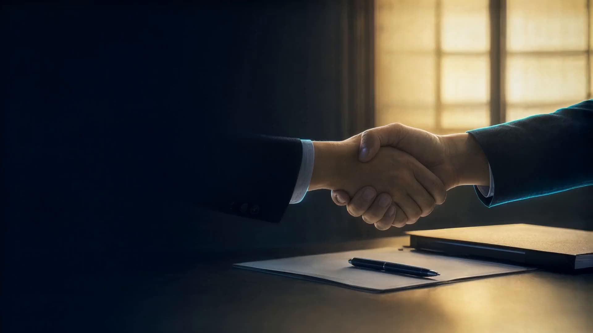 Two hands shaking across a desk