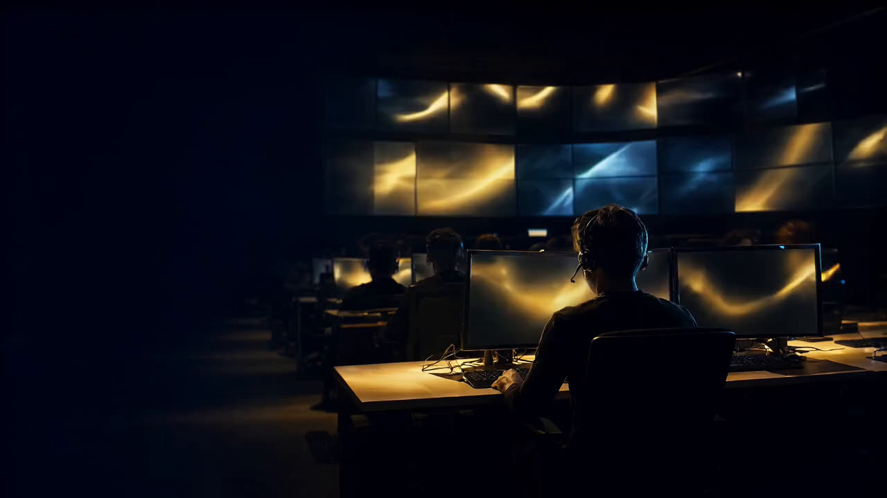 An operations center at night with people in headsets seen from behind