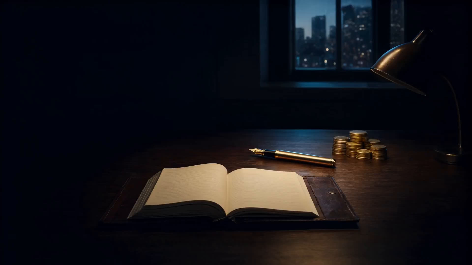 A ledger, a pen and a stack of gold coins on a desk
