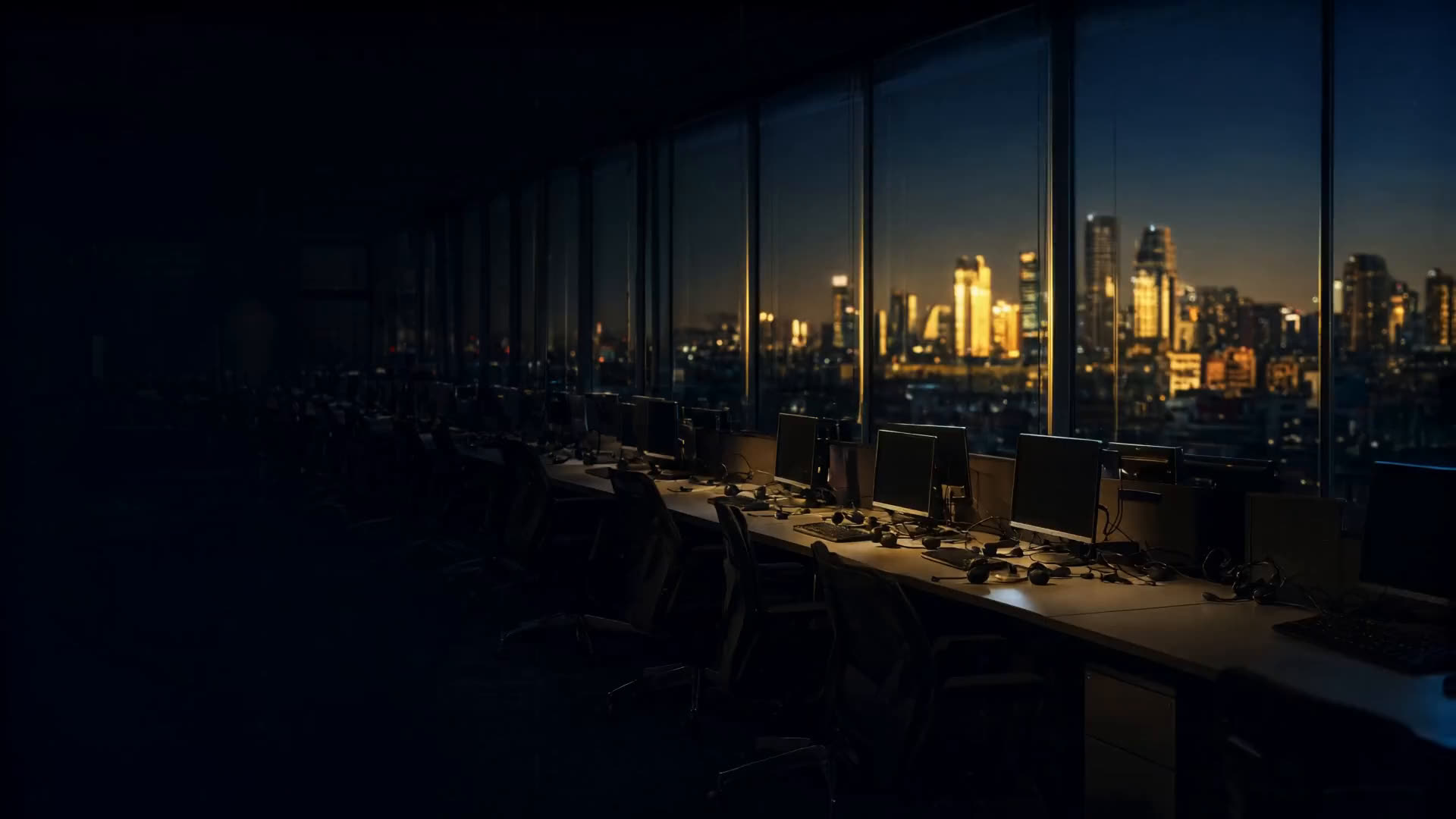 An empty call center at dusk with headsets on every desk