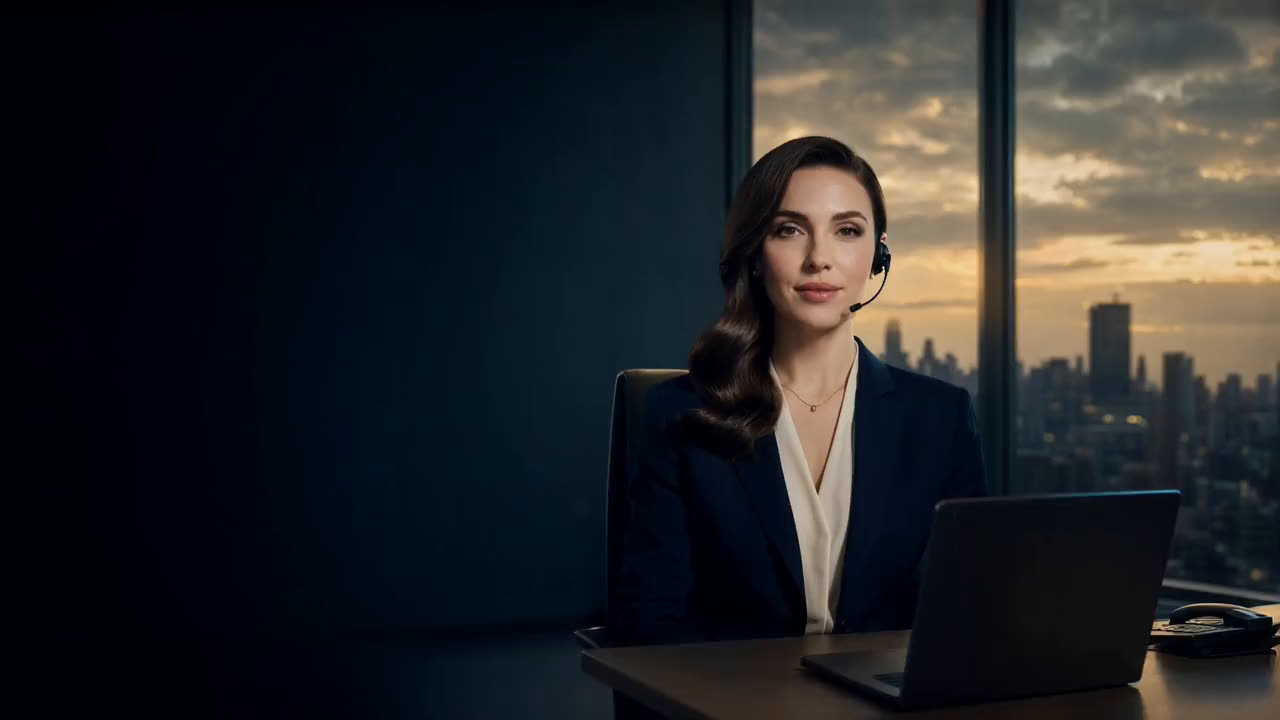 Sarah at a desk at dusk wearing a headset