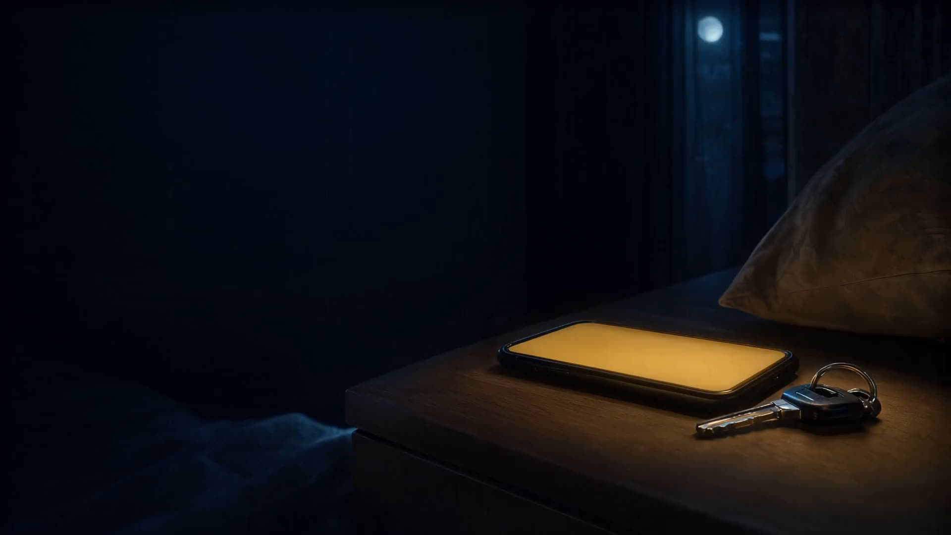 A phone glowing on a bedside table late at night
