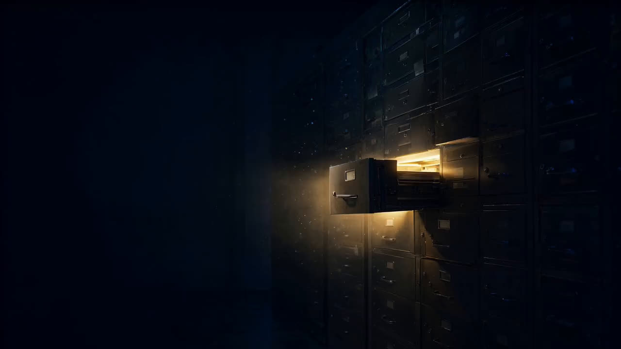 An open filing drawer glowing with gold light in a dark archive