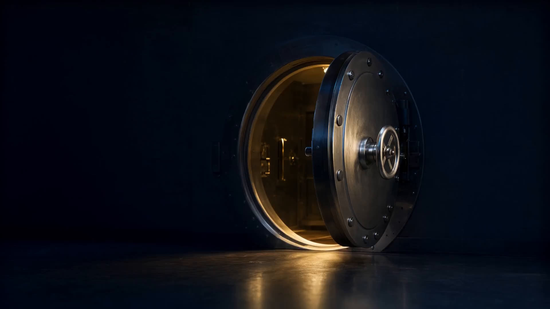 A vault door opening with gold light inside