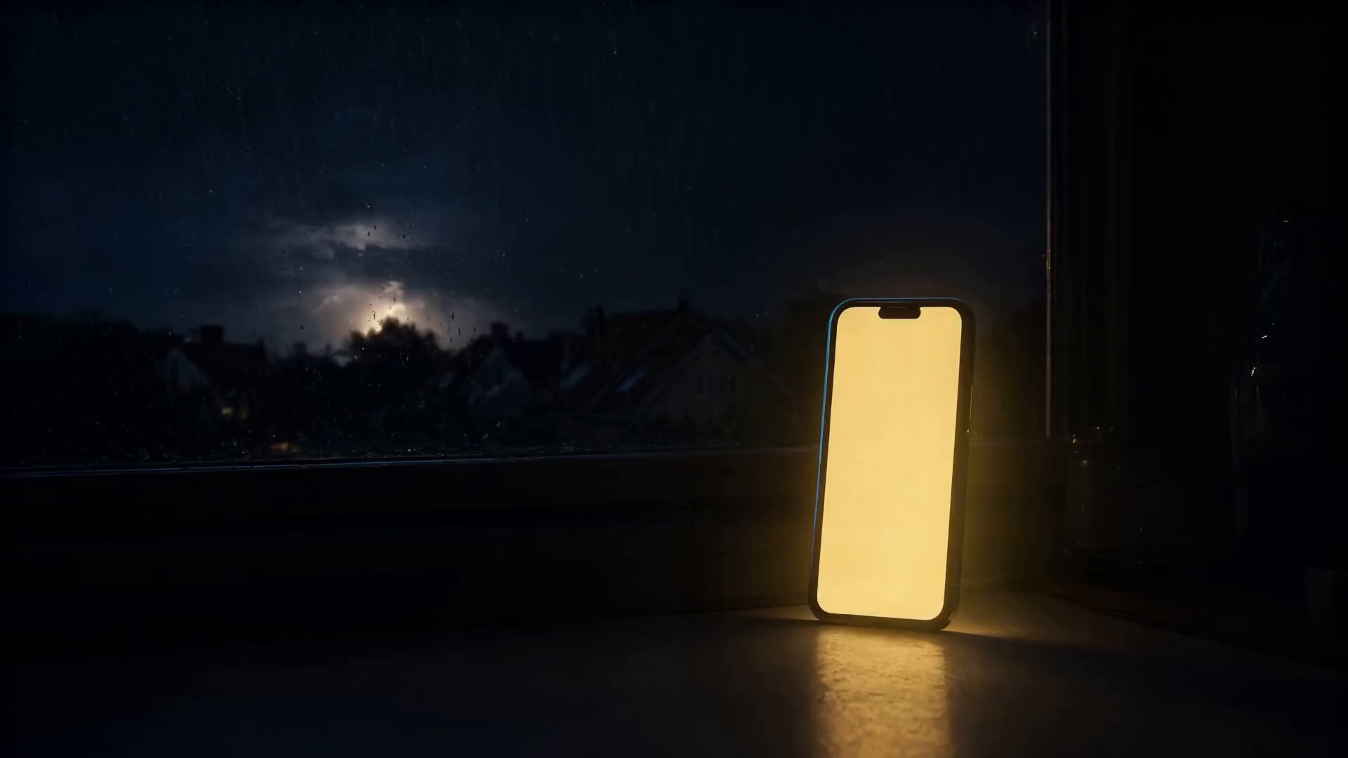 A phone lighting up on a counter during a storm