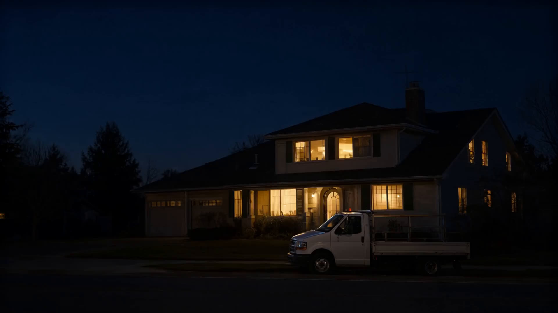 A home at dusk with a work truck parked at the curb