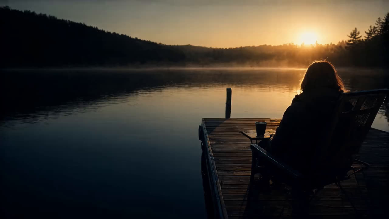 A person seen from behind on a lake dock at sunrise