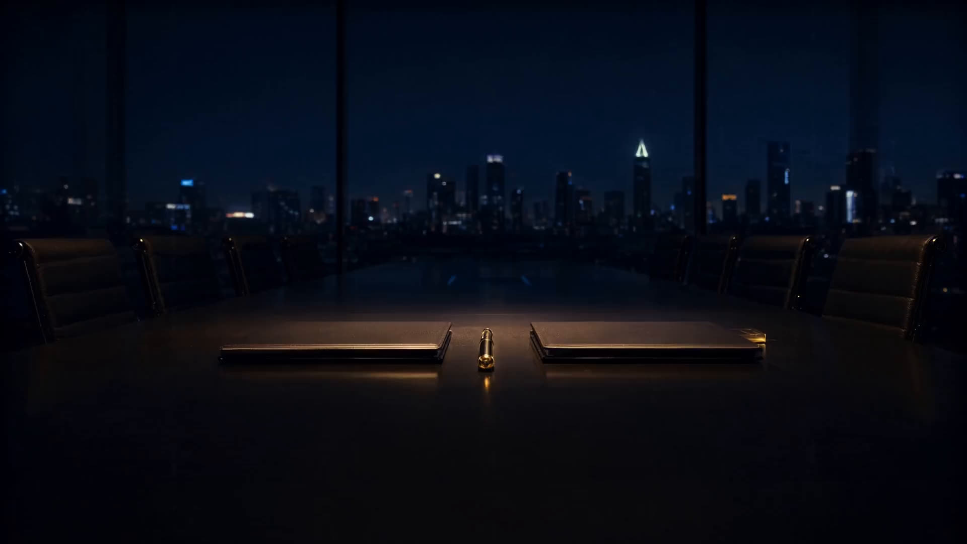 Two folders across an empty boardroom table at dusk