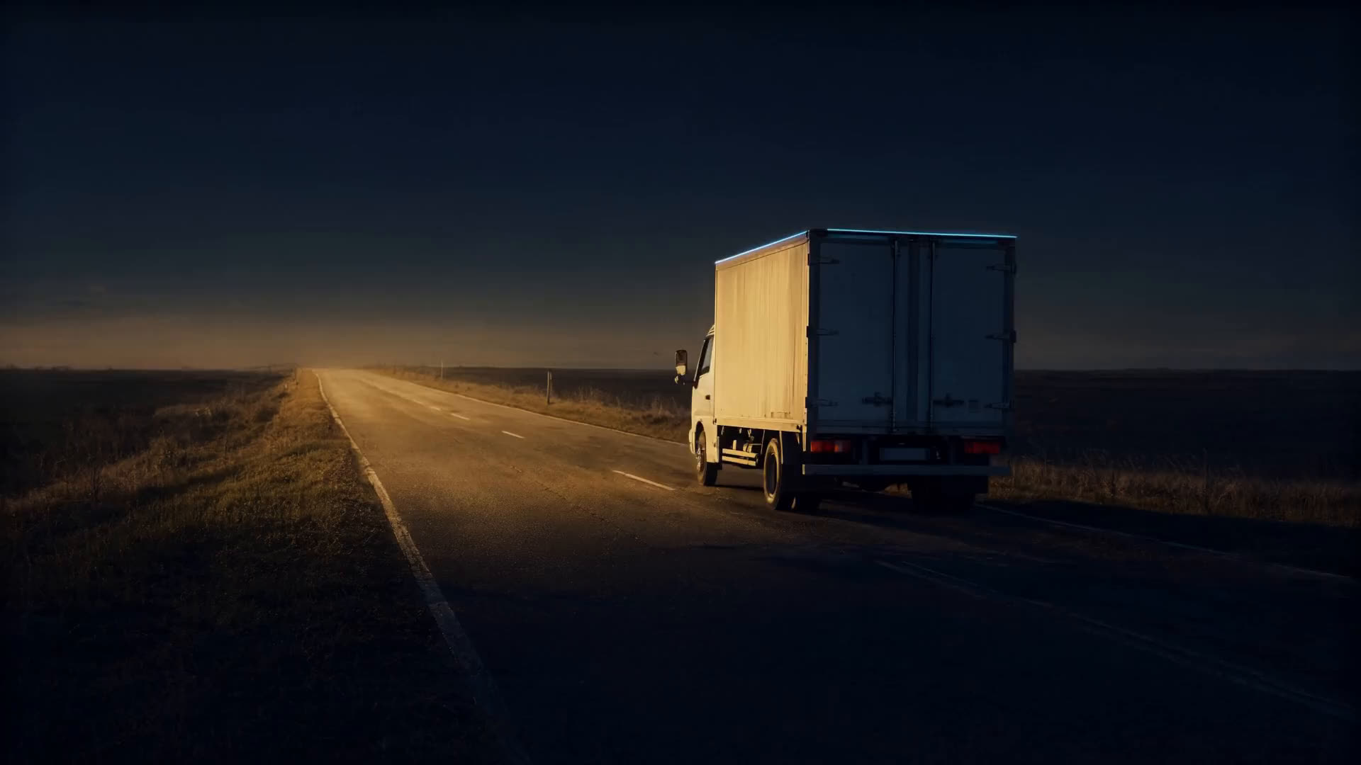 A work truck driving down an open road at sunrise