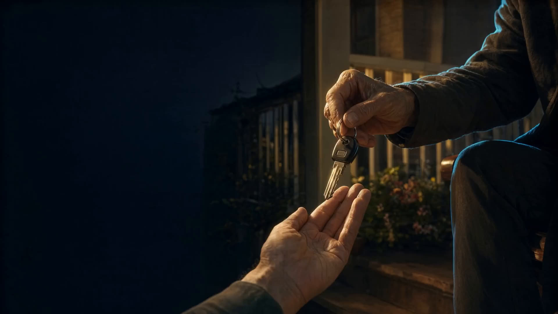A hand passing a key into another hand on a porch at golden hour