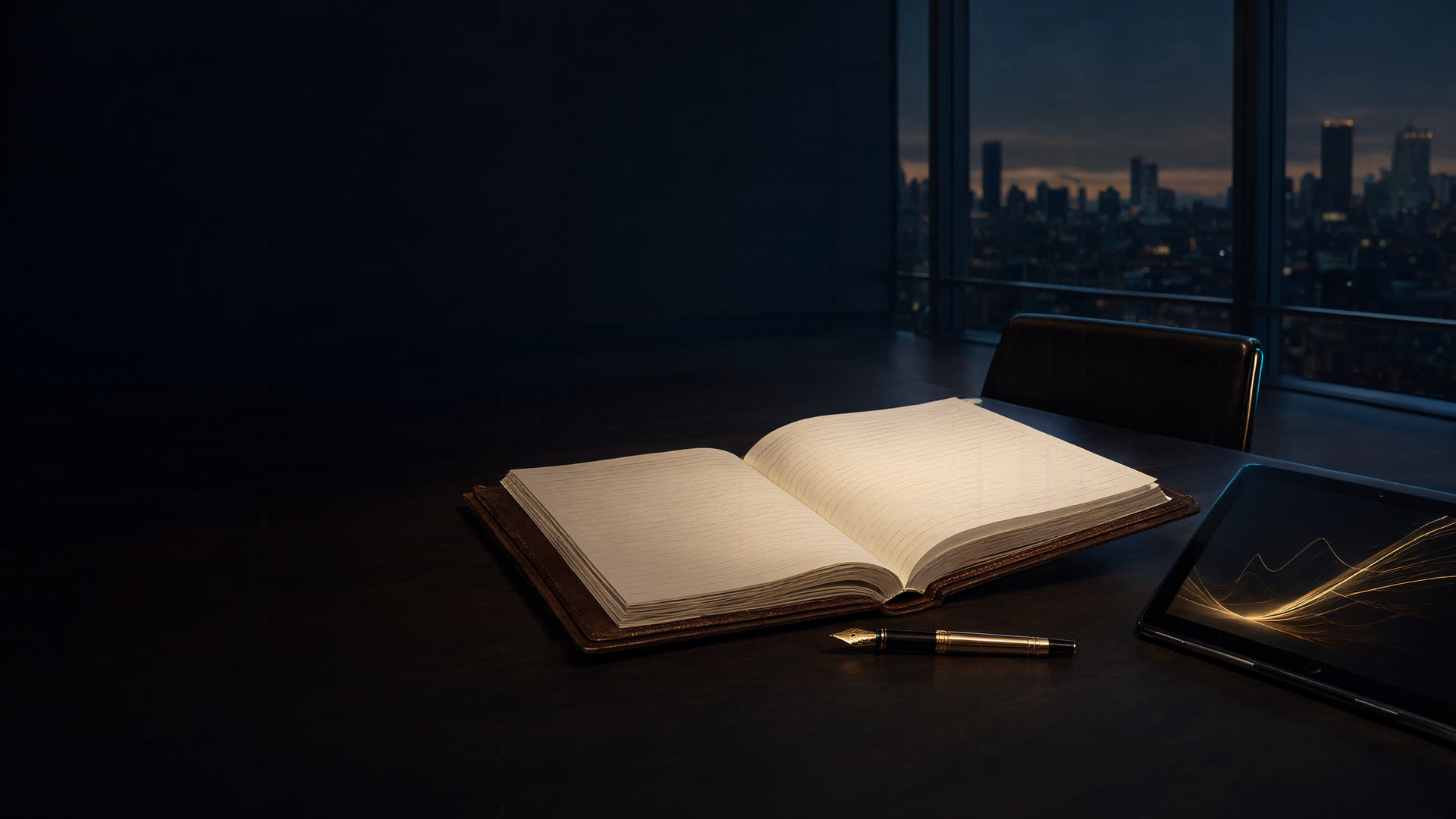 A ledger, a pen and a tablet with rising gold lines on a desk at dusk