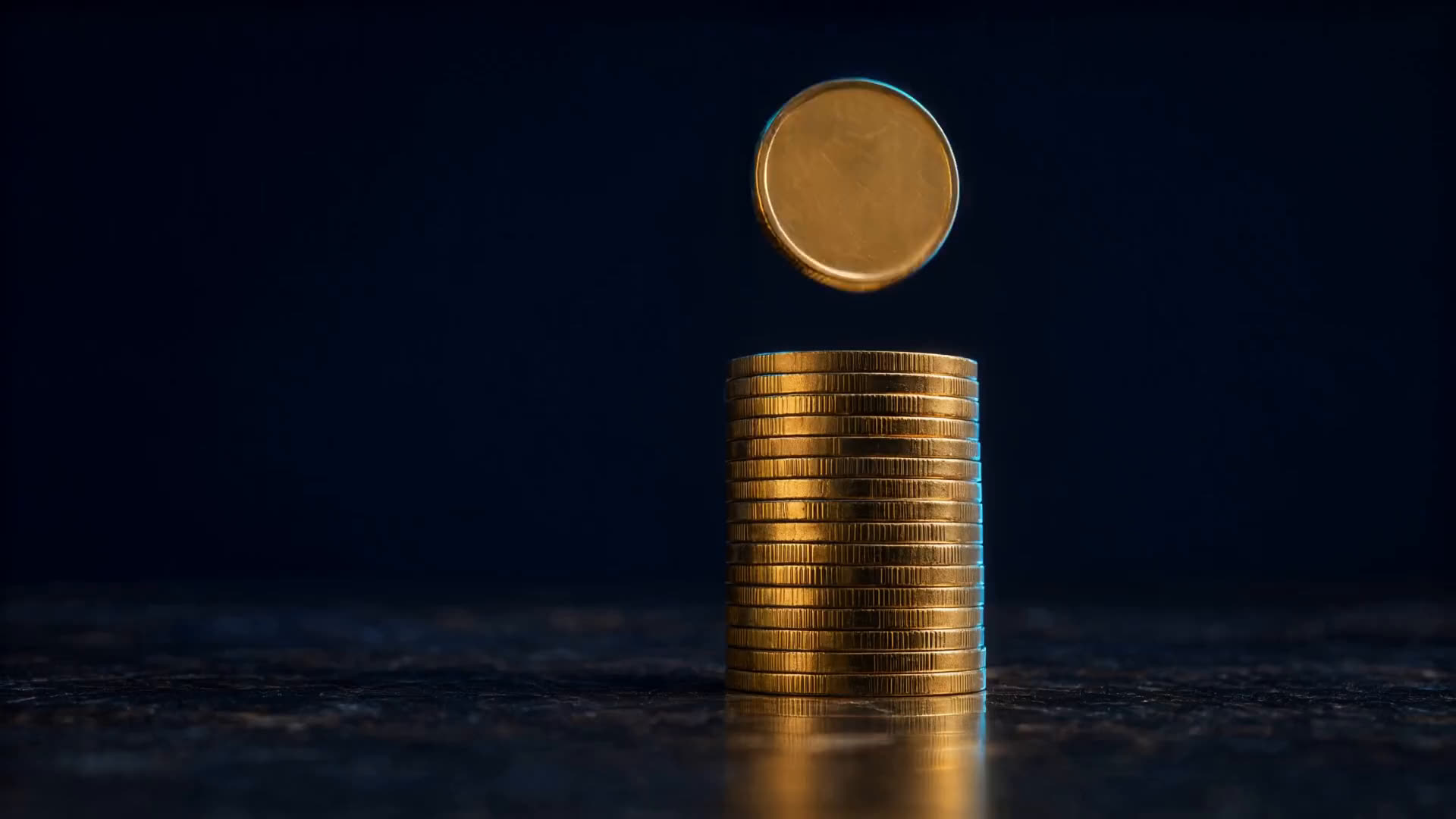 A gold coin dropping onto a stack of gold coins