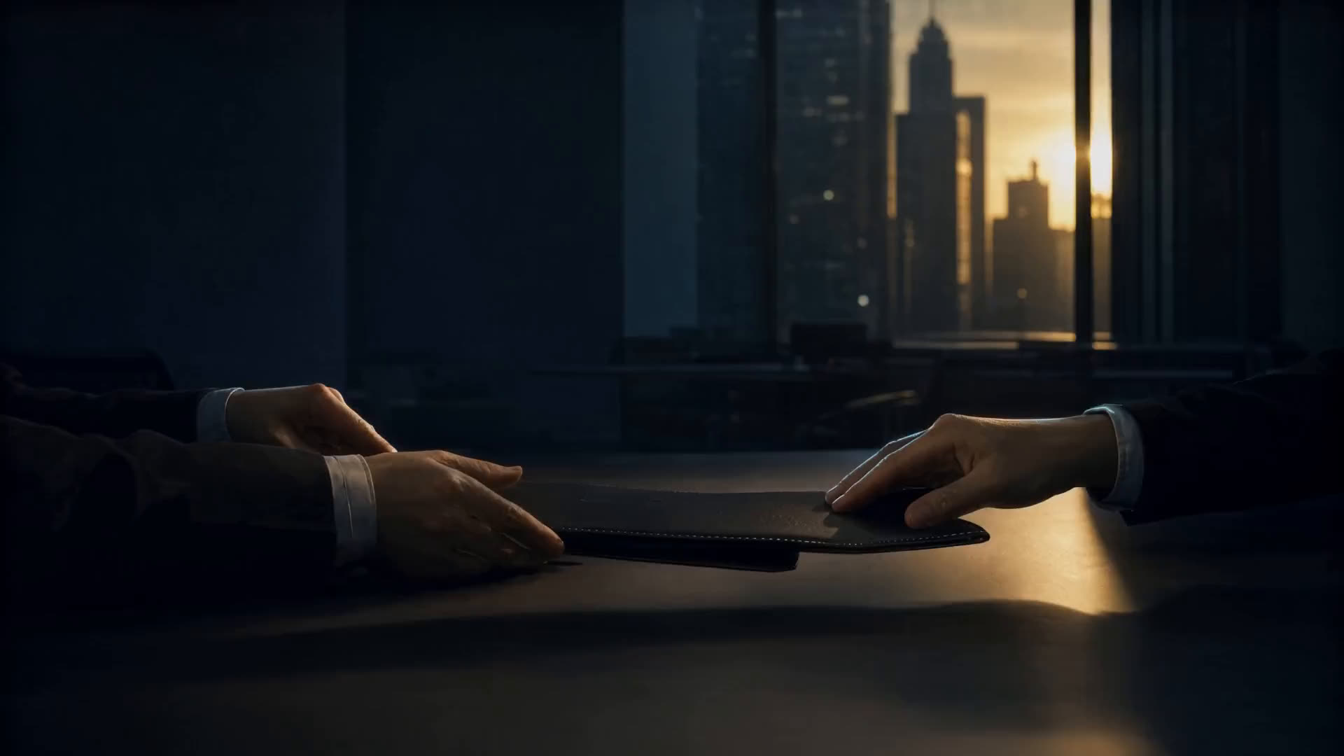 Hands passing a closed folder across a boardroom table
