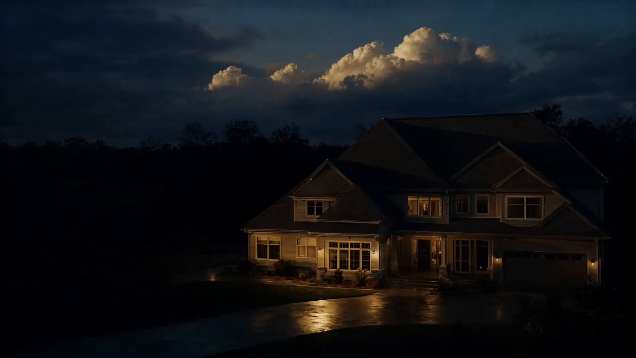A large home with a new roof at dusk as a storm breaks behind it