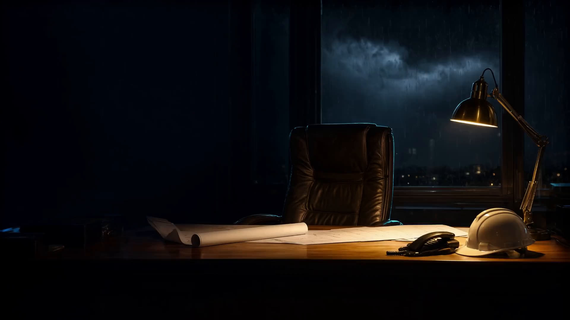 An empty desk chair in an owner's office late at night