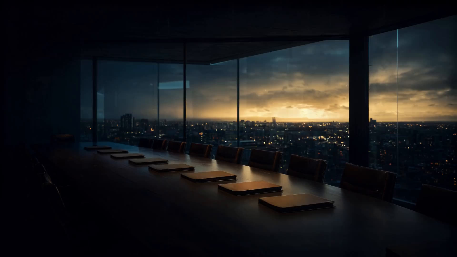 An empty boardroom at dusk with folders laid out on the table