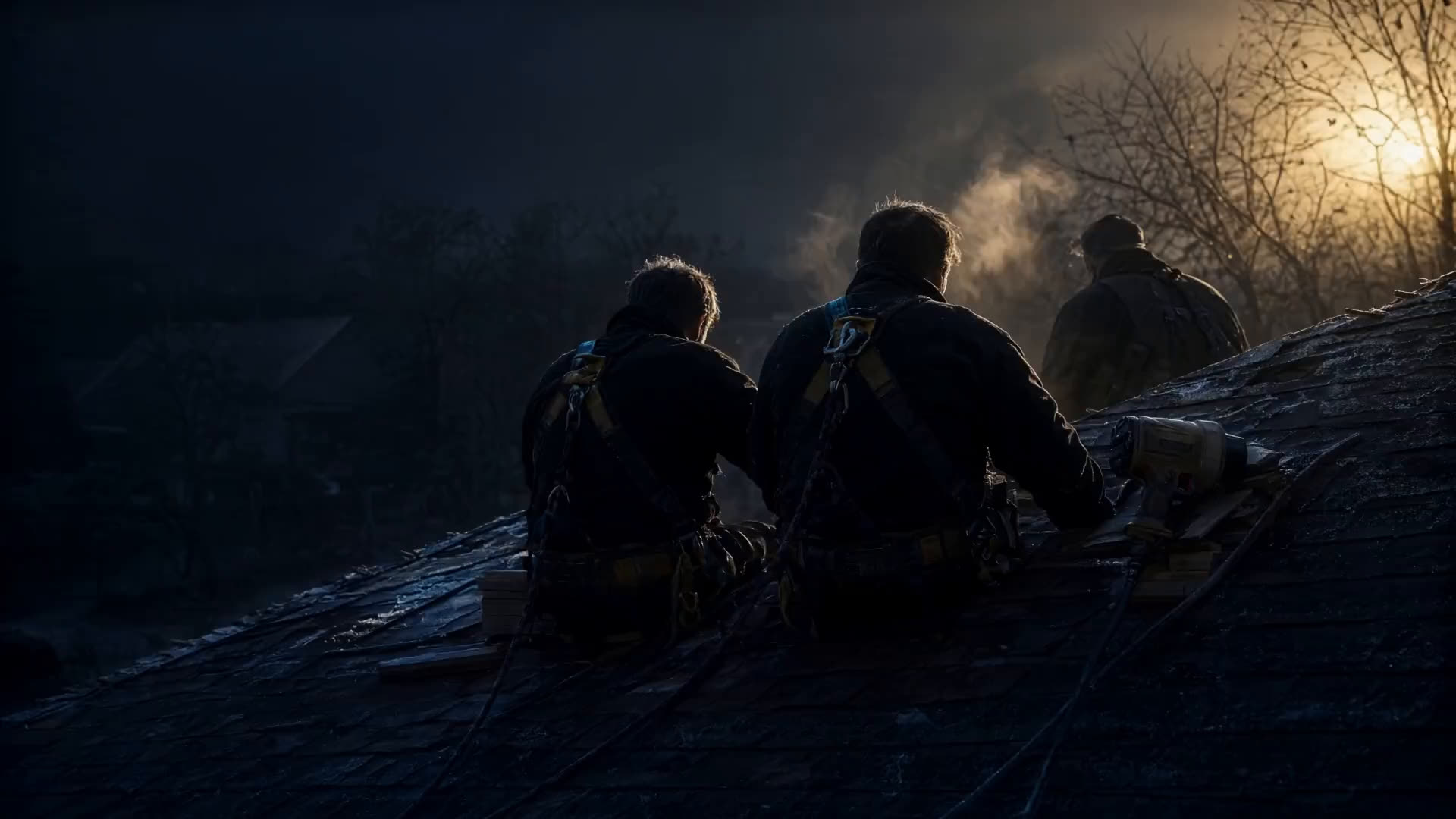 A roofing crew seen from behind working on a frosty roof at sunrise