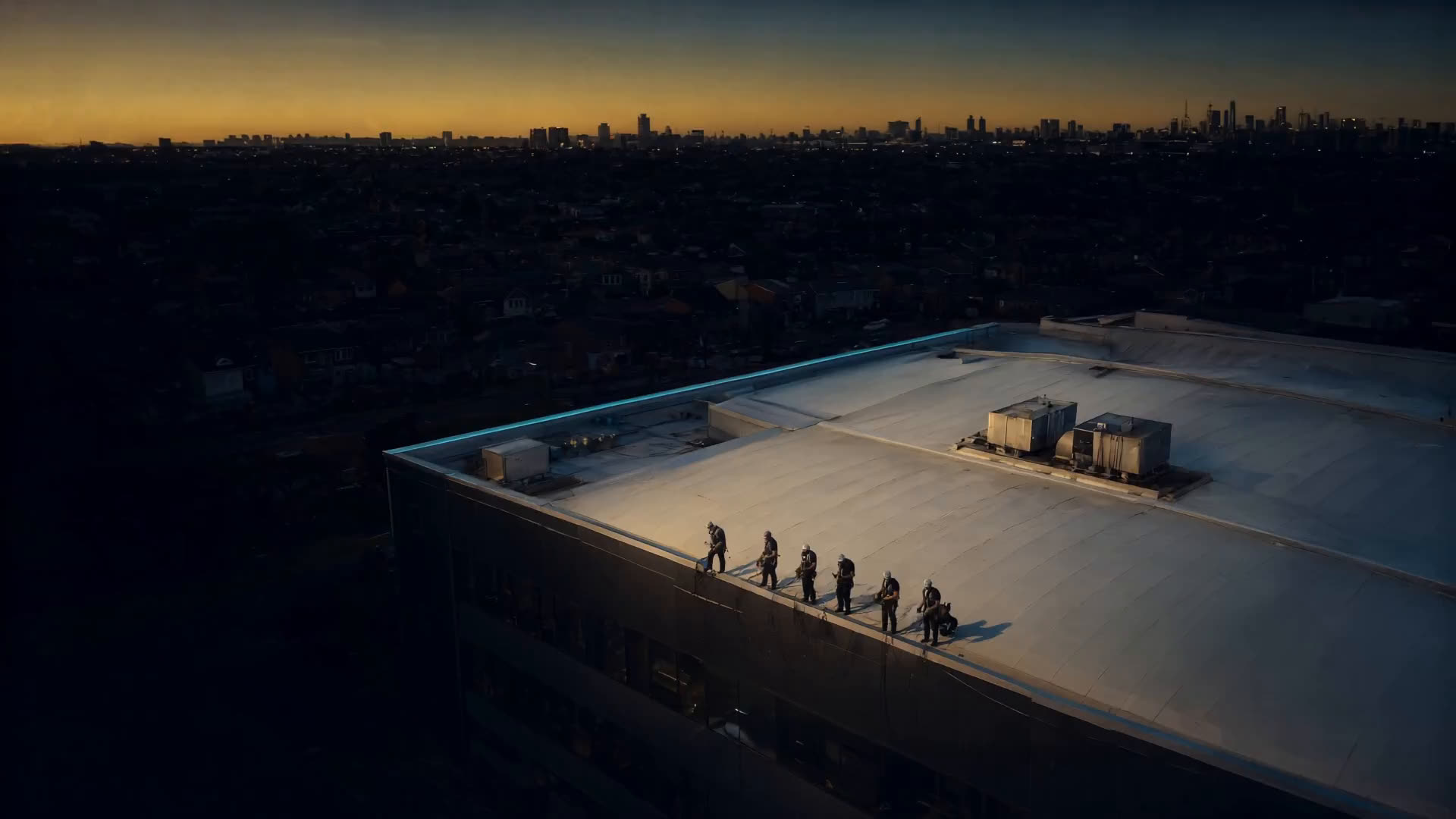 A commercial flat roof at dusk with homes and a city skyline beyond