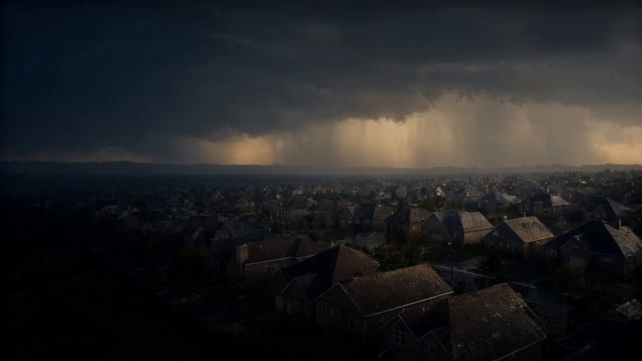 A storm with hail rolling over a neighborhood at dusk
