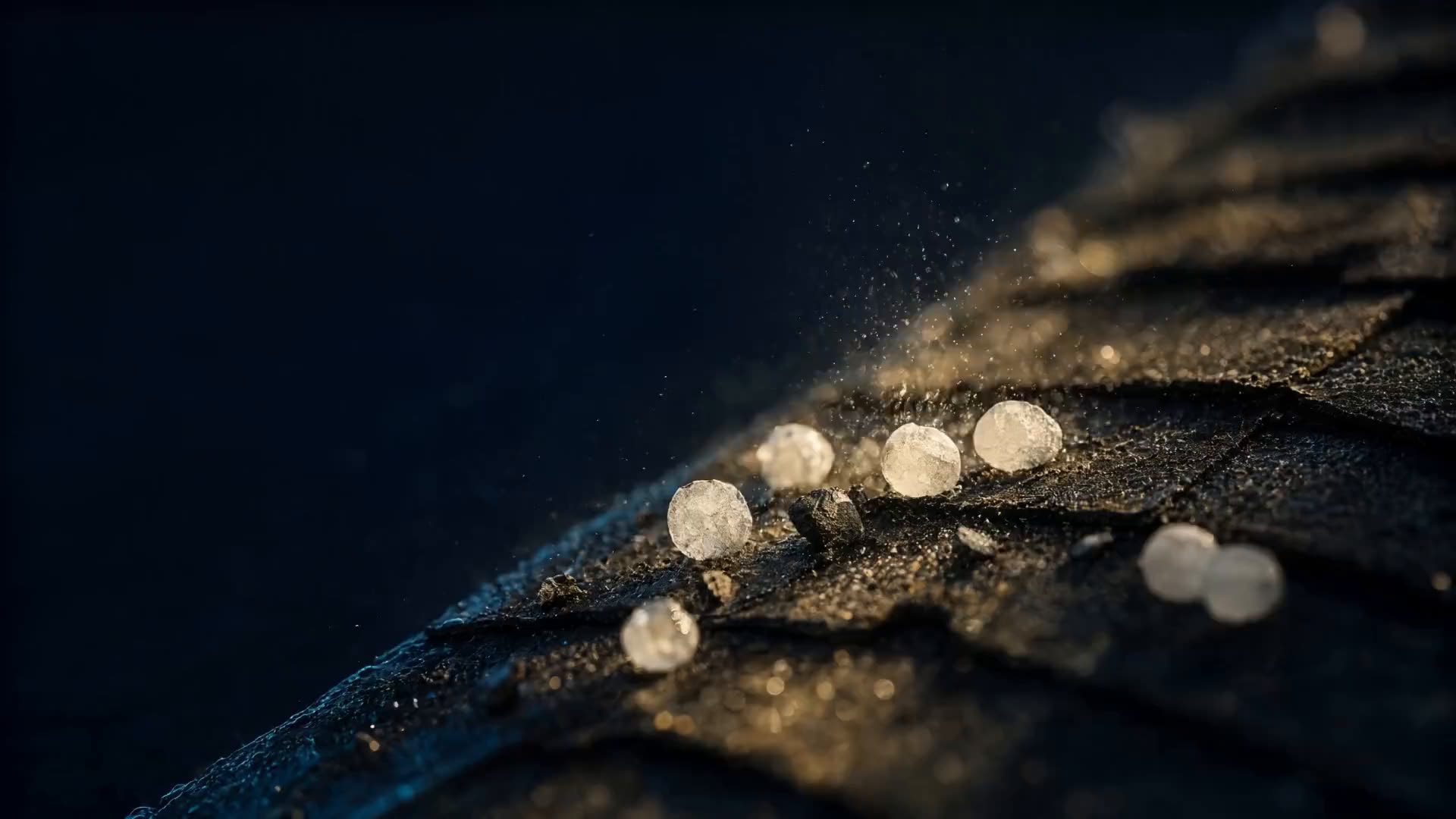 Hailstones bouncing on roof shingles