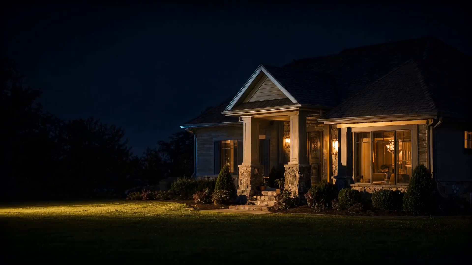A well-kept home with a new roof at dusk