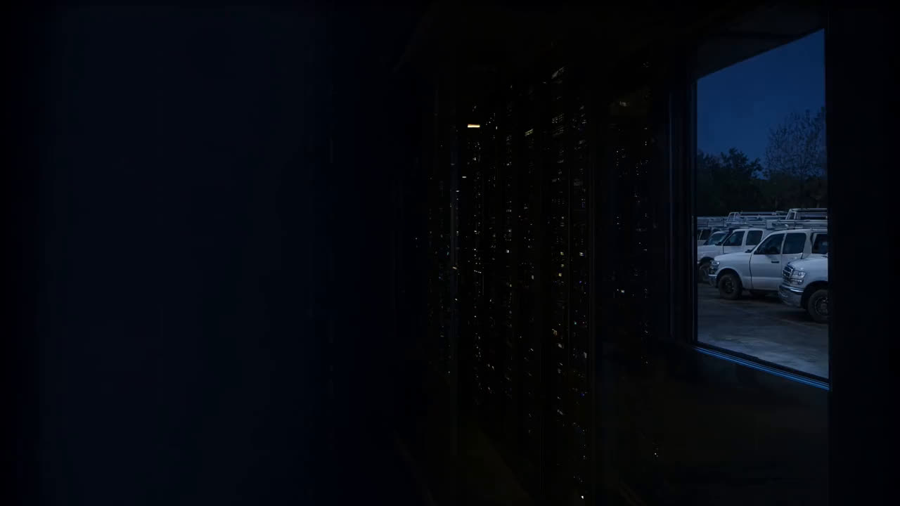 A server room at dusk overlooking a yard of work trucks