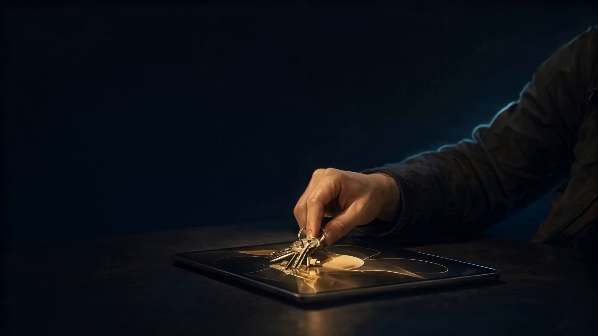 A hand picking up brass keys beside a glowing tablet