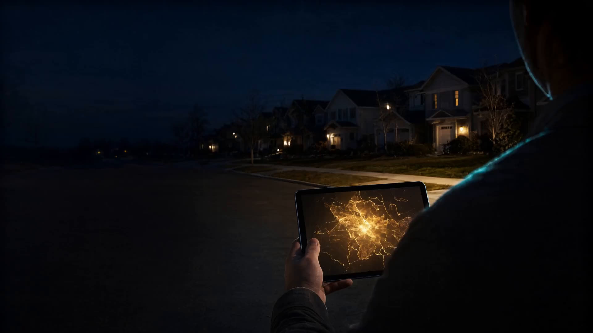 A canvasser seen from behind holding a tablet on a suburban street
