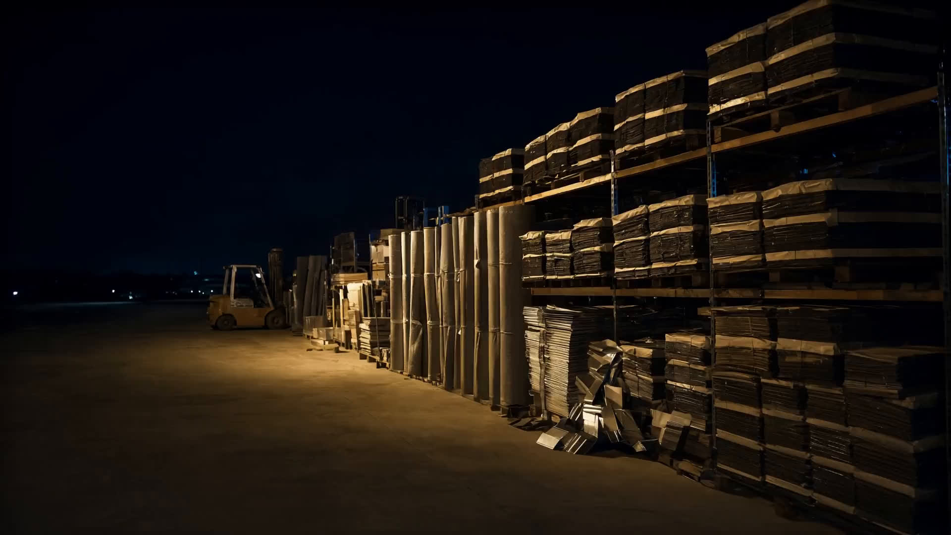 A roofing supply warehouse at night