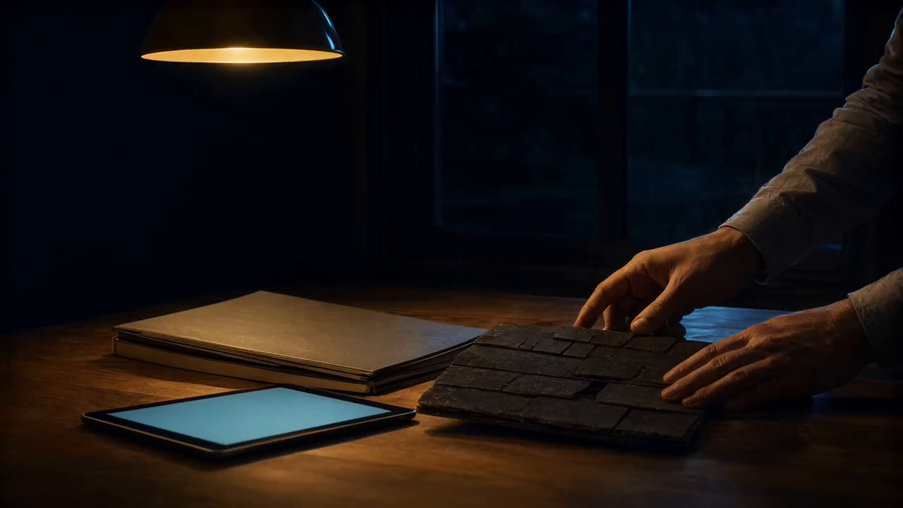 A salesperson's hands presenting a shingle sample at a kitchen table