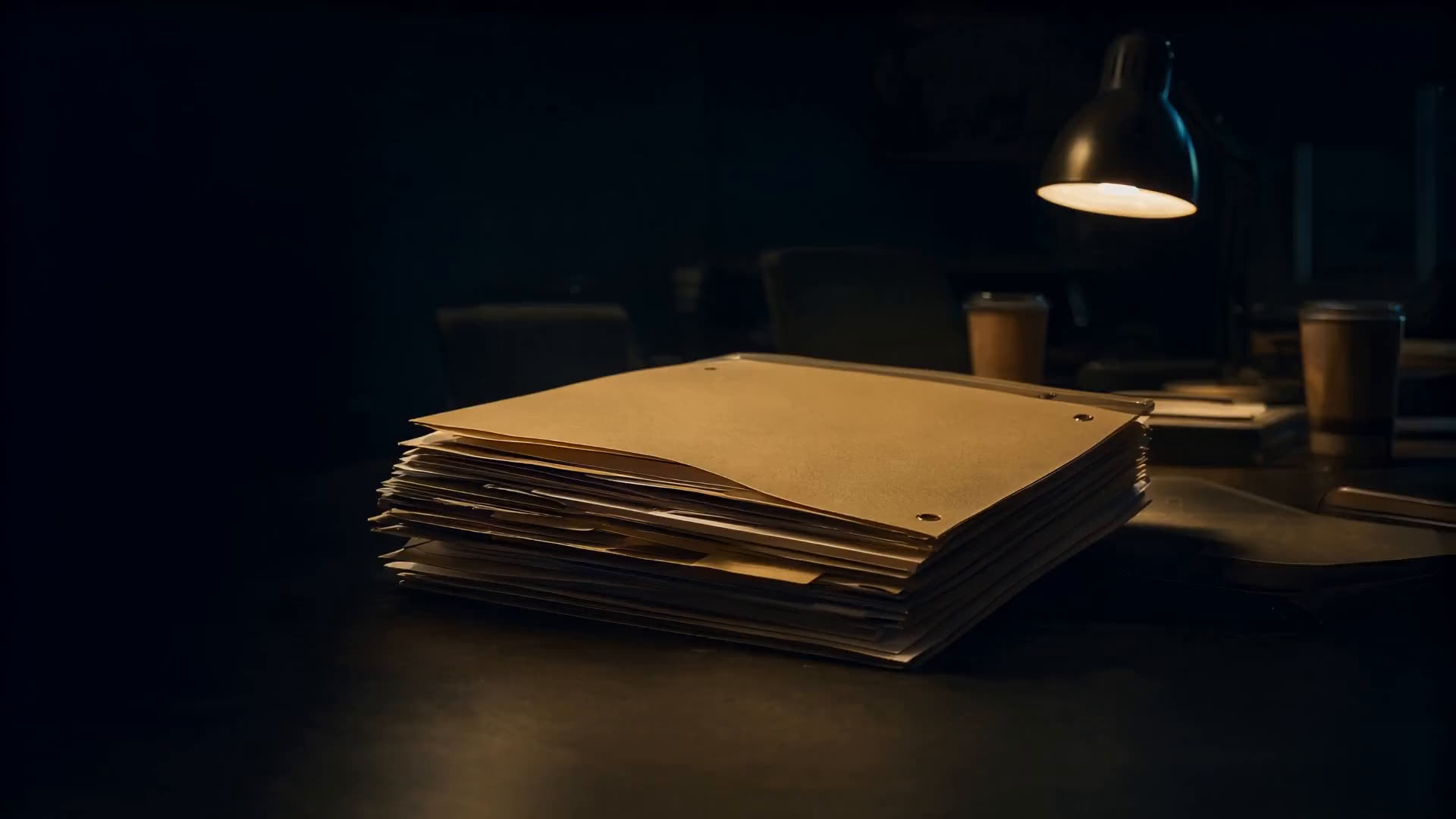 A stack of estimate folders beside an empty chair at night